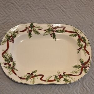 Charter Club 14" Winter Garland Cream Platter with Holly and Ribbon Design